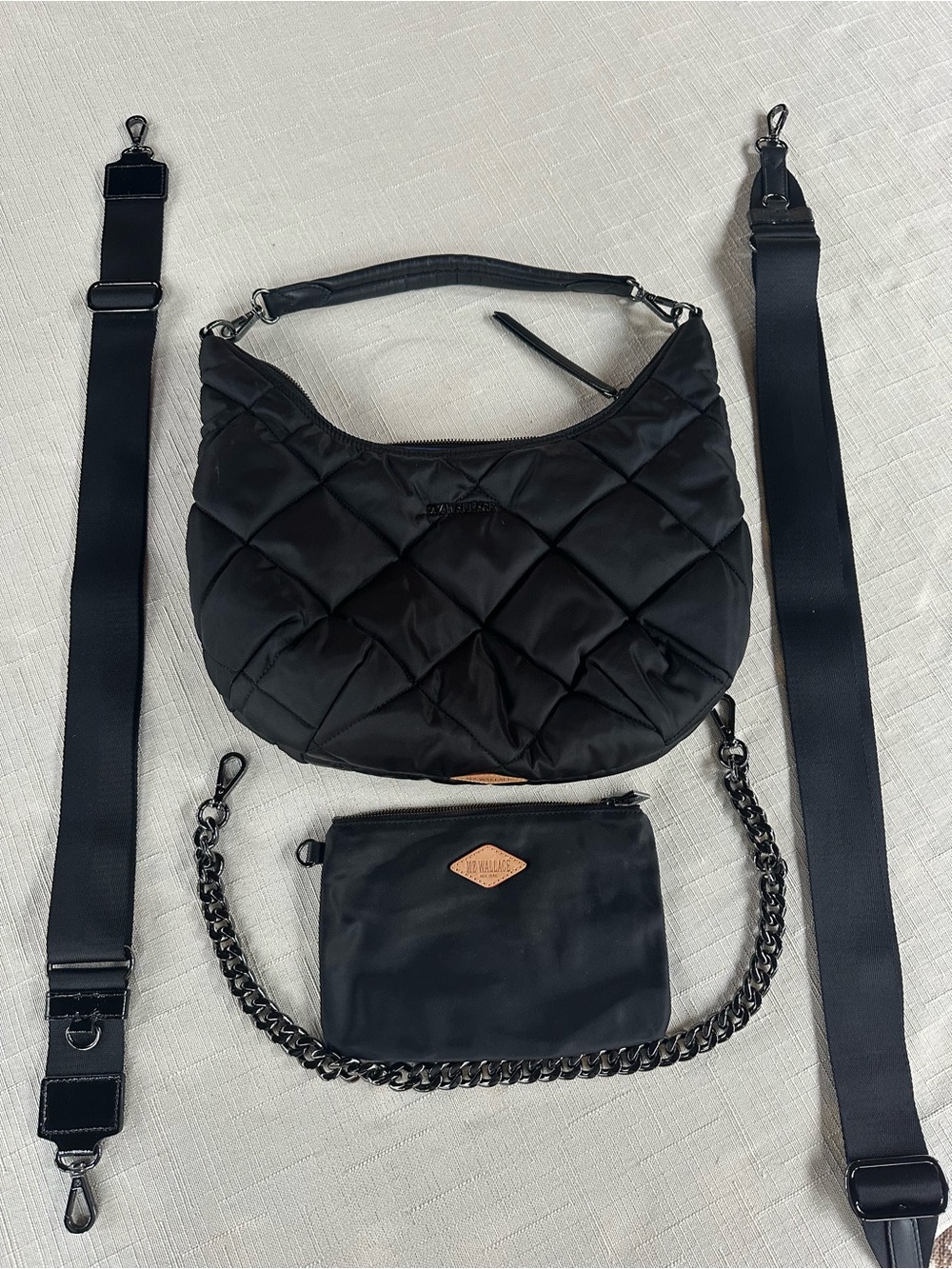 MZ Wallace Black Large Metro Shoulder Bag Quilted Nylon Crescent Hobo